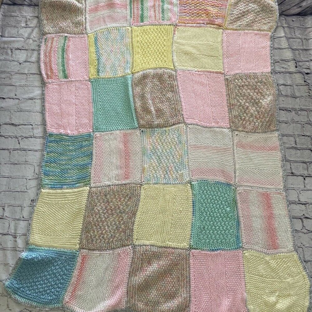 Vtg Shabby Chic Handmade Crocheted Blanket 45” X 55” Pastel Colors Cottage Core